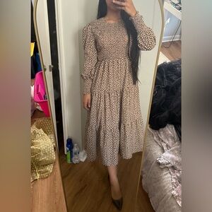 SHEIN Beige and Black Polka Dot Long Sleeve Dress